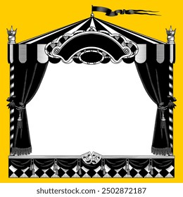 A frame in the form of theatrical scenes and puppet show booth isolated on square yellow background. Artistic poster in vintage black and white engraving and linear style. Vector illustration