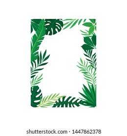 Frame in the form of a vertical rectangle of leaves placed inside. Vector illustration on white background.