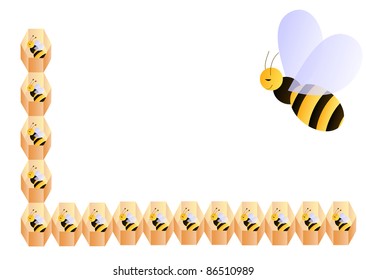 Frame formed by baby bees in the honeycomb with a flying big bee on the right, creating a blank label, sticker, name card