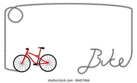 Frame formed by tire print of a red mountain  bike that formed the word "bike" in the right corner, blank space for text in the middle