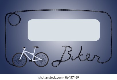 Frame formed by tire print of a light blue mountain  bike that formed the word "biker" in the right corner, blank space for text in the middle