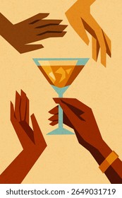 Frame of four hands reaching toward cocktail glass