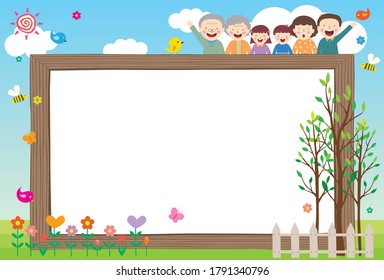 A frame with a framed background of writing with trees, flowers, and families.Vector source for moving and editing individual images.
