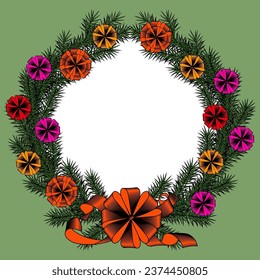 The frame is framed by fir branches with colorful decorations. Greeting card template for Christmas and New Year. Vector illustration