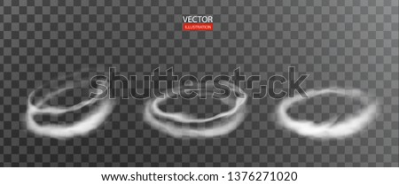 Frame with freeze transparent decoration effect texture for promo banner background. Coffee circle steam clouds, puff, mist, fog, vapour, explosion 3D VFX illustration. Transparent vector smoke set