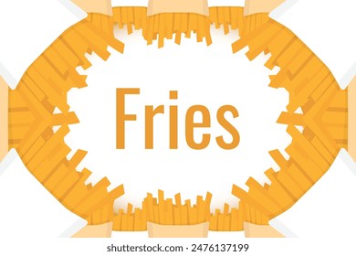 Frame of French Fries potato fast food in box. Fries border or banner