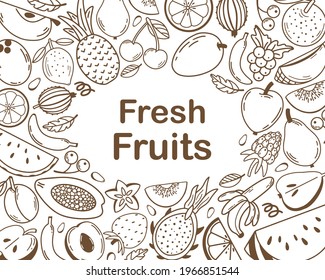 Frame with fresh fruits and berries. Healthy and beneficial product. Horticulture concept. Design for flyer template, logo, print, packaging, card. Flat vector illustration. 