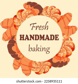Frame of fresh handmade baking. Delicious chocolate croissants, classic croissants and sweet braided bread. Copy space. Food vector illustration.