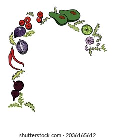 Frame with fresh vegetables on a white background for postcards, menus, paper, fabric and other design. Vector illustration in the doodle style.