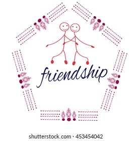 Frame with Friendship Day title, children, friends. Vector illustration.