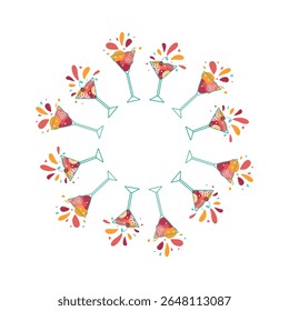 Frame, fruit cocktails. Banner with multi-colored drinks in wine glasses. Mixed cold drinks. Alcohol, lemonade. Flat icons, white isolated background with place for text.