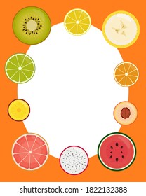 Frame with fruit slices and space for text or photos. Fruit. Healthy vegetarian food and healthy lifestyle
