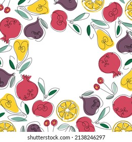 Frame with fruits. Round seasonal fruit border. Lemon, apple fruit, Pear, fig, pomegranate,cherry isolated. Summer tropical background For poster, banner, cover, invitation For text, save date, photo.