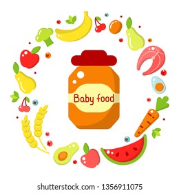 Frame of fruits and vegetables and mashed jar. Flat style vector illustration. Suitable for advertising