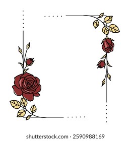 Frame with garden red rose and leaves. Hand drawn sketch. Floral ornament corner for your design. Vector stock illustration.