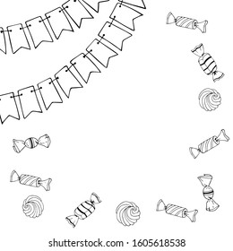Frame with garland, candy, space for text. Hand drawn vector illustration, black lines on white, Doodle, sketch, cute, funny. For decoration of holidays, birthday parties.