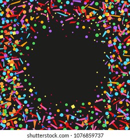 Frame with geometric elements on isolated black background. Geometrical pattern with confetti. Texture for design. Print for polygraphy, posters, t-shirts and textiles. Greeting cards