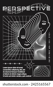 Frame with geometric elements in white and black color. Abstract background, template, cyberpunk elements in trendy psychedelic style. Retro futuristic aesthetic of 00s Y2k.