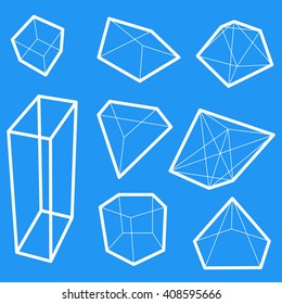 frame geometric shapes. set of pyramids, cubes minerals. vector illustration. blue background, transparent facets figures and white frame