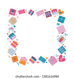 Frame of gift boxes in form of square with copy space. Congratulatory frame. Holidays, birthday, valentine's day, women's day, anniversary, wedding day, party. Isolated on white background. - Vector.