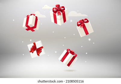 Frame of gift boxes on white background. 3d vector objects with levitation effect