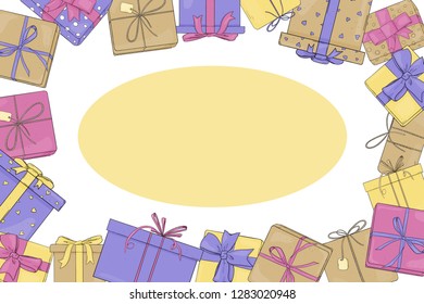 Frame with gift boxes. Vector illustration in sketch style. Boxes are tied with ribbons. Template. Mock up. Horizontally.