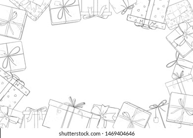 Frame with gift boxes. Vector illustration in sketch style. Silhouettes on a white background. Place for your text. Template. Mock up. Horizontally.