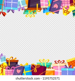 Frame with gifts. Colored greetings packages with ribbons at transparent background decoration vector borders template with place for your text