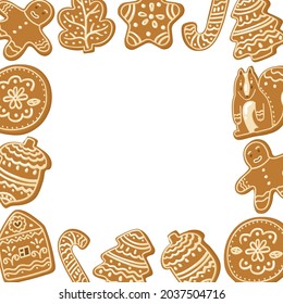 Frame with Gingerbread in the different shapes. Flat style in Vector illustration. Space for text. Home bakery, cooking, cookies, Christmas sweets. Clip art for hand made pastry. Template.