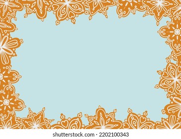 Frame of gingerbread in the form of snowflakes decorated with sugar icing. Frame mockup design for invitation cards. Decorative border. Traditional background design.