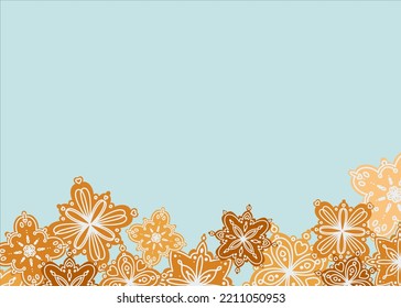Frame of gingerbread in the form of snowflakes decorated with sugar icing. Frame mockup design for invitation cards. Decorative border. Traditional background design.