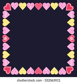Frame with gingerbread hearts. Hand drawn cookie with doodle ornament. Vector. Pink, yellow, red colors.