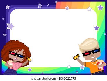 frame with a girl and a boy in 3D glasses, with a ticket to the cinema and popcorn, rainbow, sky and stars in cartoon style (background for children's ads, photo, diploma, certificate, coupon)