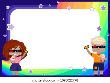 frame with a girl and a boy in 3D glasses, with a ticket to the cinema and popcorn, rainbow, sky and stars in cartoon style (background for children's ads, photo, diploma, certificate, coupon)