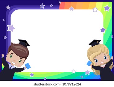 frame with a girl and a boy graduates in graduation gowns and hats, rainbow, sky and stars in cartoon style (background for children's ads, photos, diploma, certificate, certificate, coupon)