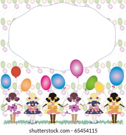 Frame with girls and balloons.