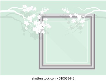 Frame ,glass frame with white paper cut cherry blossom design ,Vector illustration