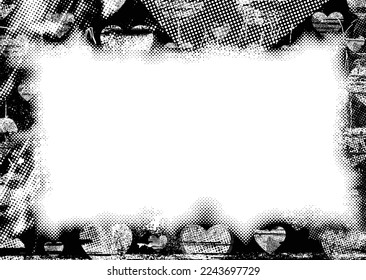 Frame with glitch distorted heart shapes . Minimal art design . Noise destroyed circle logo . Trendy defect error shapes . Glitched frame .Broken effect . Grunge texture . Distress effect .vector 