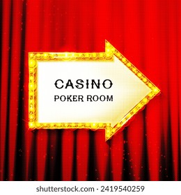 Frame with glowing shiny LED light bulbs, vector illustration. Red gold poker chip shining casino banner color background. Signboard lamps border for casino, poker, roulette, black jack