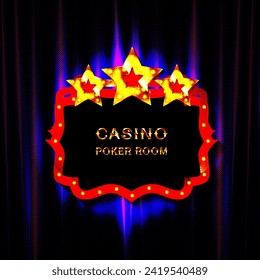 Frame with glowing shiny LED light bulbs, vector illustration. Red gold poker chip shining casino banner color background. Signboard lamps border for casino, poker, roulette, black jack