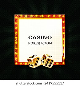 Frame with glowing shiny LED light bulbs, vector illustration. Red gold poker chip shining casino banner color background. Signboard lamps border for casino, poker, roulette, black jack