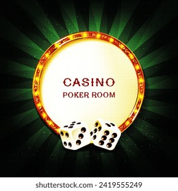 Frame with glowing shiny LED light bulbs, vector illustration. Red gold poker chip shining casino banner color background. Signboard lamps border for casino, poker, roulette, black jack