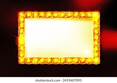 Frame with glowing shiny LED light bulbs, vector illustration. Red gold poker chip shining casino banner color background. Signboard lamps border for casino, poker, roulette, black jack