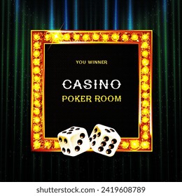 Frame with glowing shiny LED light bulbs, vector illustration. Red gold poker chip shining casino banner color background. Signboard lamps border for casino, poker, roulette, black jack