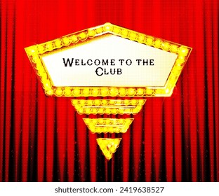 Frame with glowing shiny LED light bulbs, vector illustration. Red gold poker chip shining casino banner color background. Signboard lamps border for casino, poker, roulette, black jack