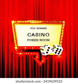 Frame with glowing shiny LED light bulbs, vector illustration. Red gold poker chip shining casino banner color background. Signboard lamps border for casino, poker, roulette, black jack