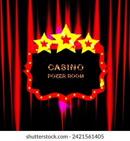 Frame with glowing shiny LED light bulbs, vector illustration. Red gold poker chip shining casino banner color background. Signboard lamps border for casino, poker, roulette, black jack