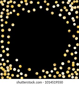 Frame with Gold Confetti Isolated on Black Background. Festive Pattern with Tinsels for Christmas and New Year Decoration, Birthday Invitation, Poster or Greeting Card. Wreath of Gold Confetti.