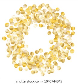 Frame with Gold Confetti Isolated on White Background. Festive Pattern with Glitter for Christmas and New Year Decoration, Birthday Invitation, Poster or Greeting Card. Wreath of Gold Confetti.