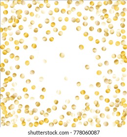 Frame with Gold Confetti Isolated on White Background. Festive Pattern with Glitter for Christmas and New Year Decoration, Birthday Invitation, Poster or Greeting Card. Wreath of Gold Confetti.